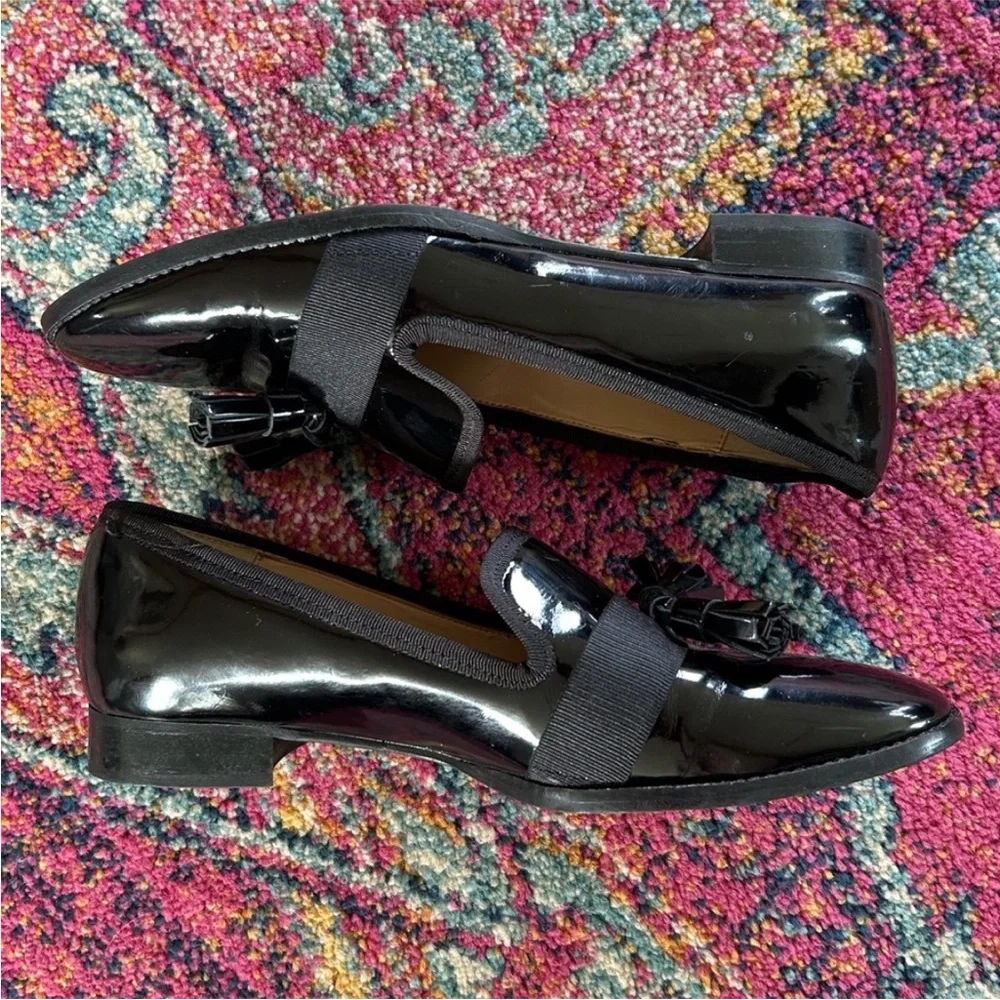 Zara | Women’s Elegant Black Patent Tassel Loafers Low Heel, Euro Size 38 US 7.5